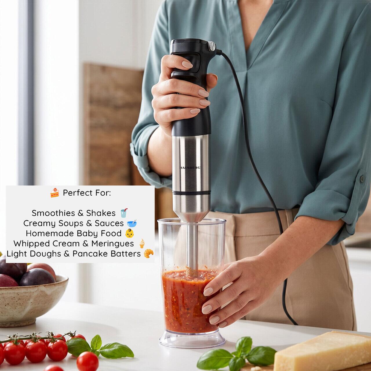 Blender 2 in 1 HAUSBERG HB-7704IN cu putere 1000W, Mixer vertical profesional, 10 trepte de viteza si functie Turbo, Capacitate pahar 700 ml , Multifunctional