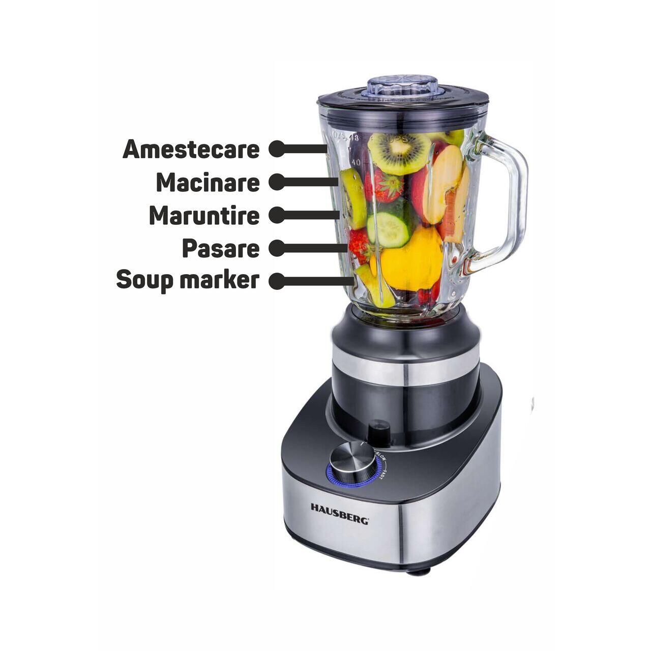 Blender 2 in 1 HAUSBERG HB-7765, 400-500W, 1.5 L, 3 viteze + Pulse