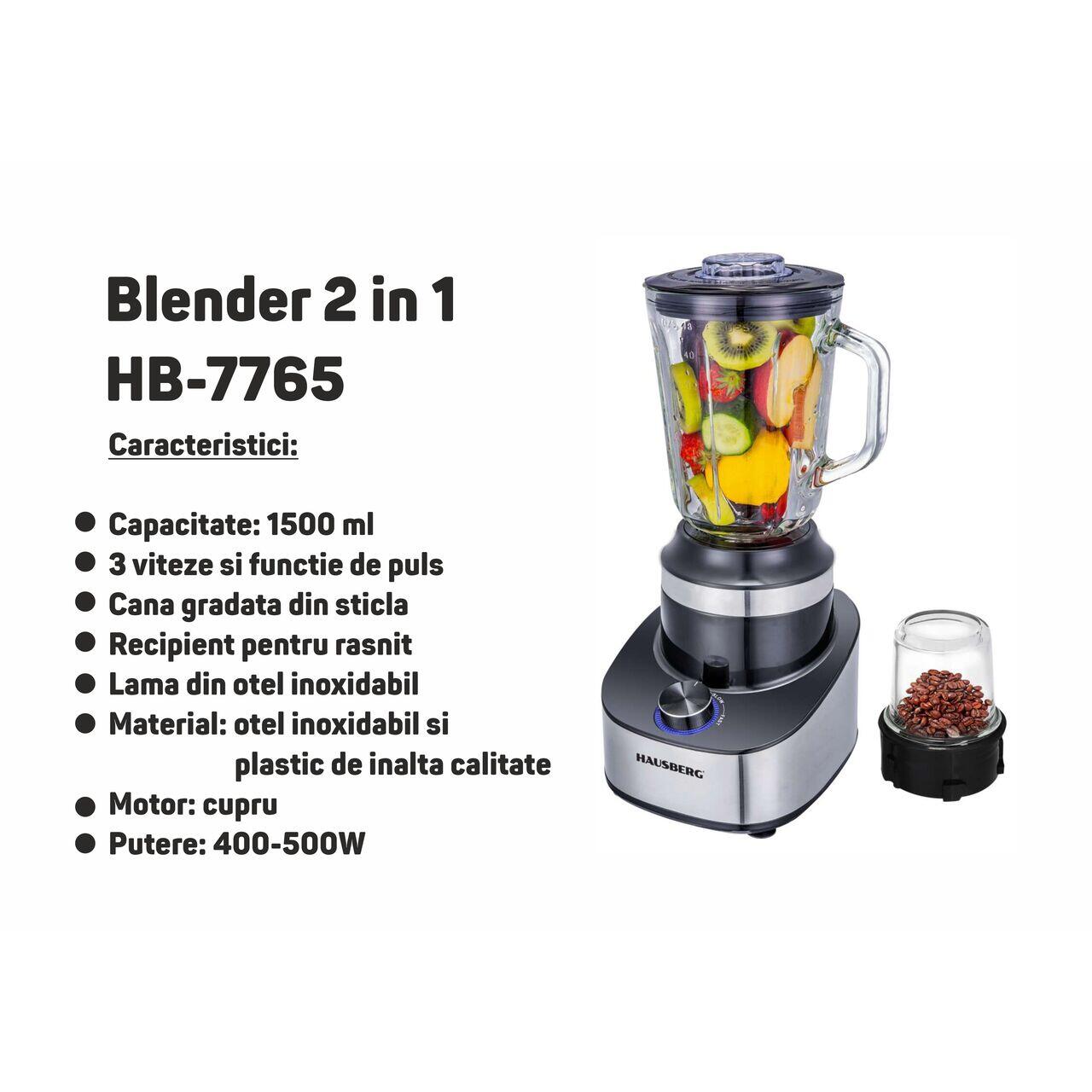 Blender 2 in 1 HAUSBERG HB-7765, 400-500W, 1.5 L, 3 viteze + Pulse