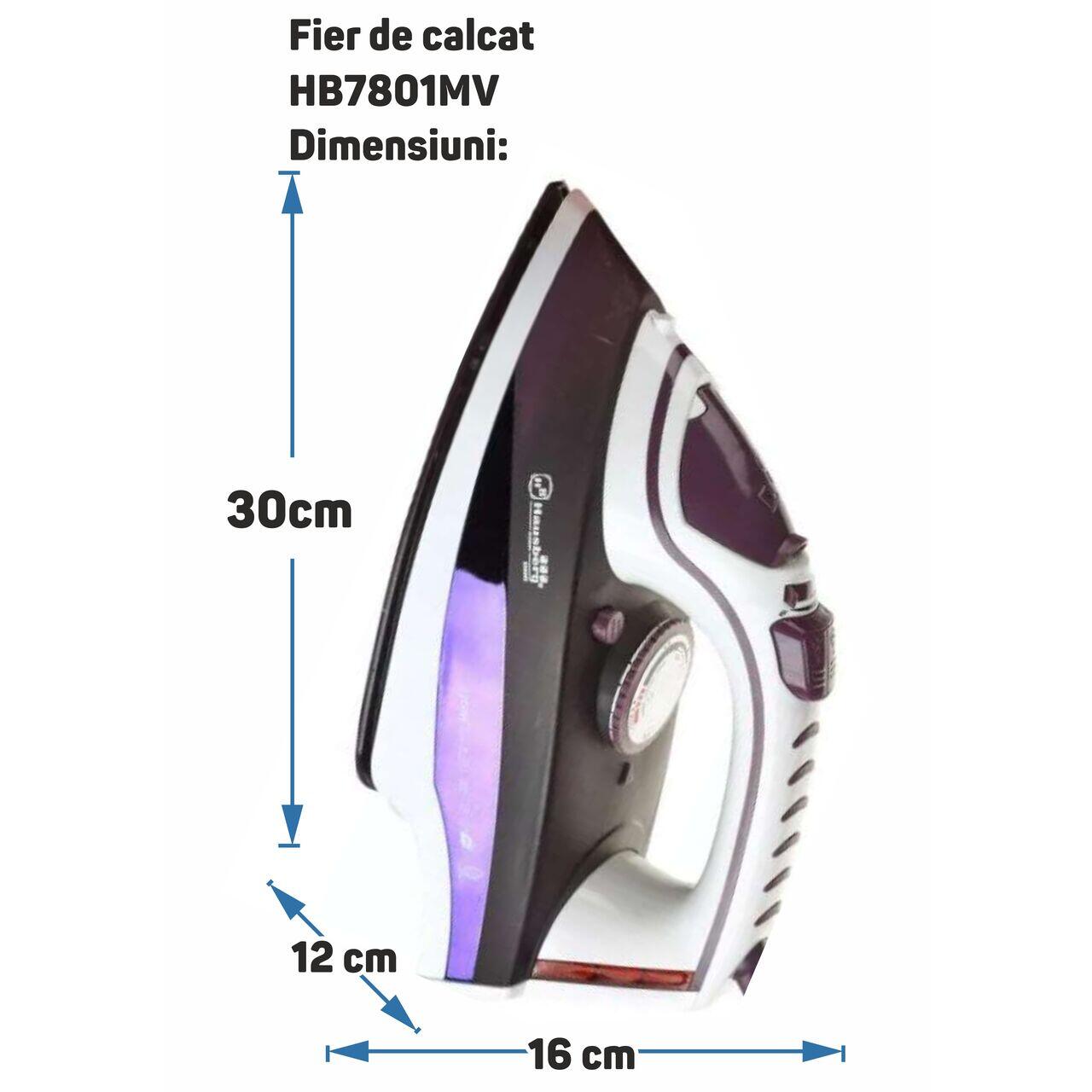 Fier de calcat Hausberg HB-7801MV, talpa ceramica, jet de abur 17g/min, abur pe verticala 25g/min, sistem antipicurare, sistem autocuratare, 2300W