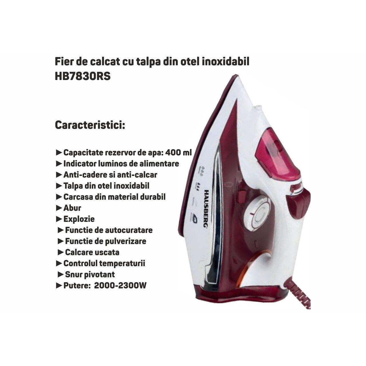 Fier de calcat cu talpa din otel inoxidabil HAUSBERG HB-HB7830RS, 2000-2300 W, 400 ml