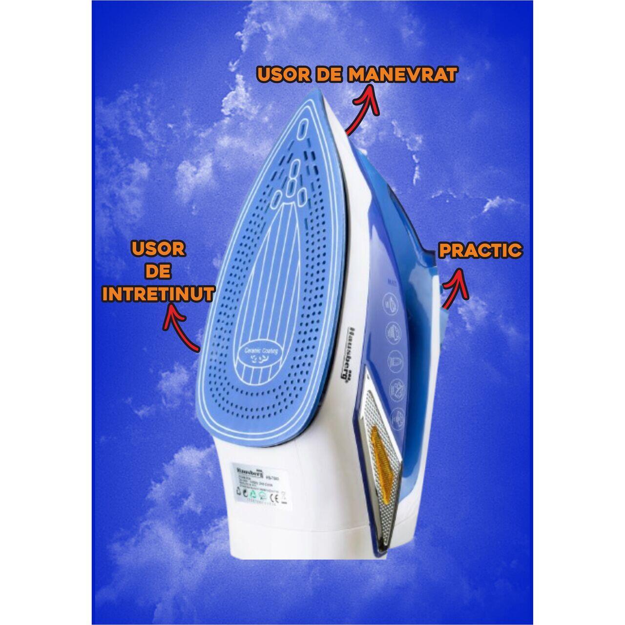 Fier de calcat Hausberg HB-7880BL, 2300W, Talpa cu invelis ceramic, rezervor apa 400ml