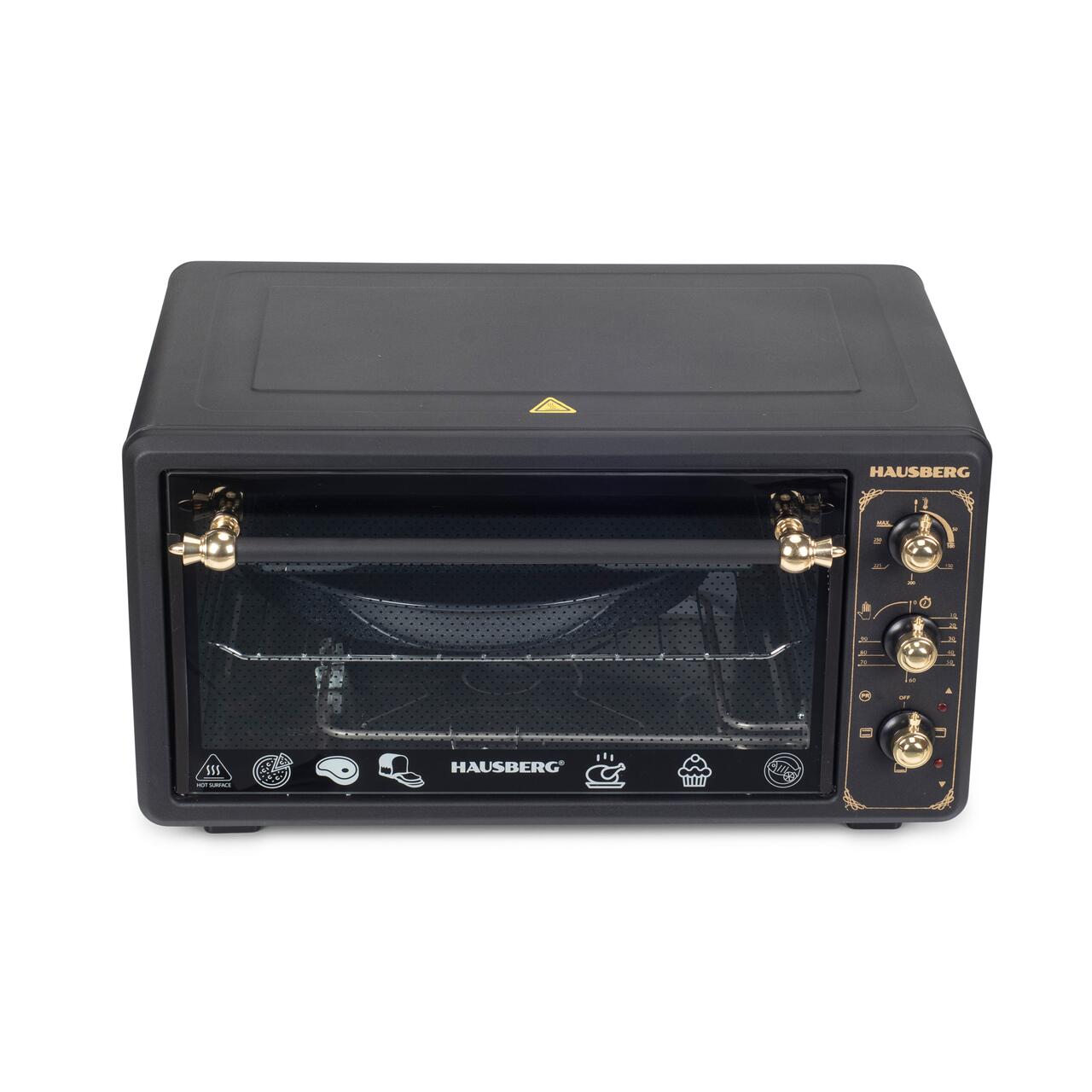 Cuptor electric Rustic HAUSBERG HB-8001RST, 1400W, 48l, Timer mecanic, Termostat reglabil, 4 nivele de inaltime a tavii, usa din sticla rezistenta la temperature ridicate, panou mecanic, Negru-Auriu