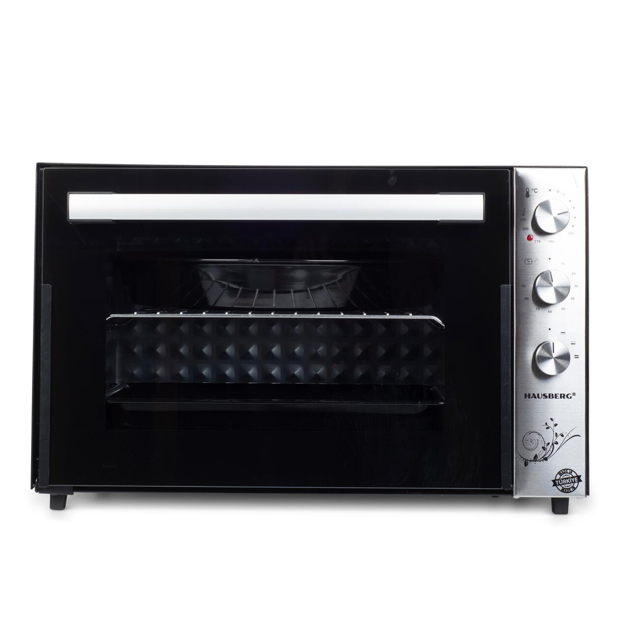 Cuptor Electric HAUSBERG HB-8022, 2500W, Capacitate 70L, Termostat reglabil, Temporizator mecanic cu alarma sonora si oprire automata, Negru/Inox
