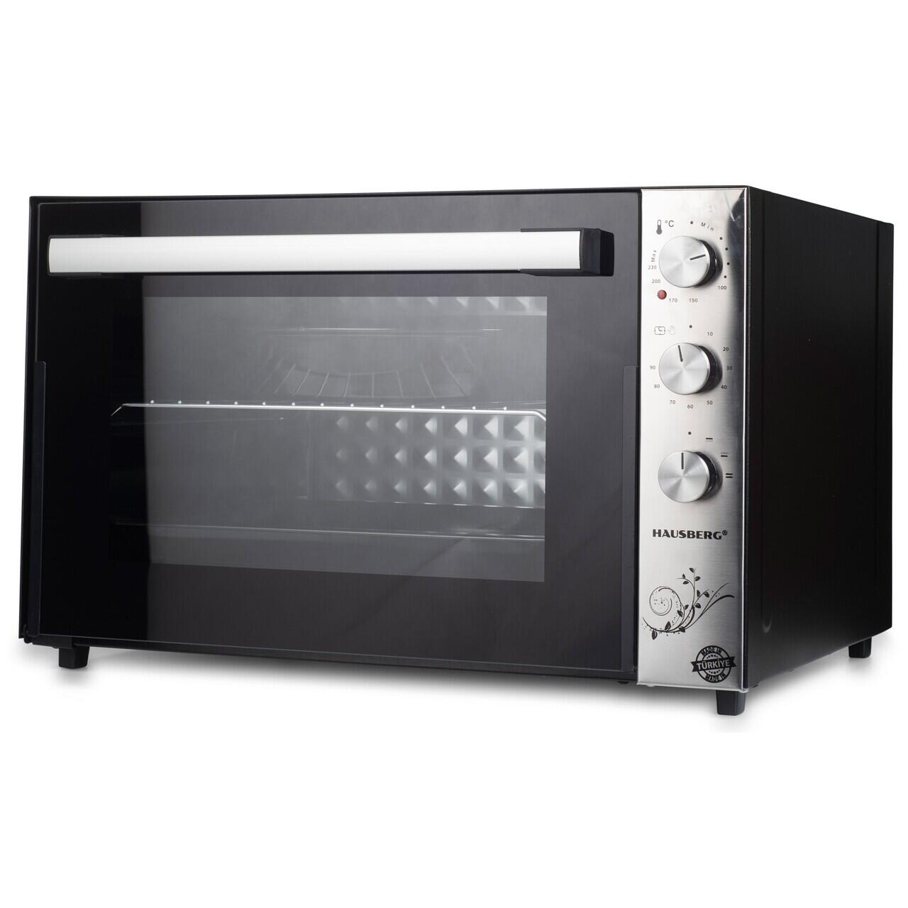 Cuptor Electric HAUSBERG HB-8022, 2500W, Capacitate 70L, Termostat reglabil, Temporizator mecanic cu alarma sonora si oprire automata, Negru/Inox