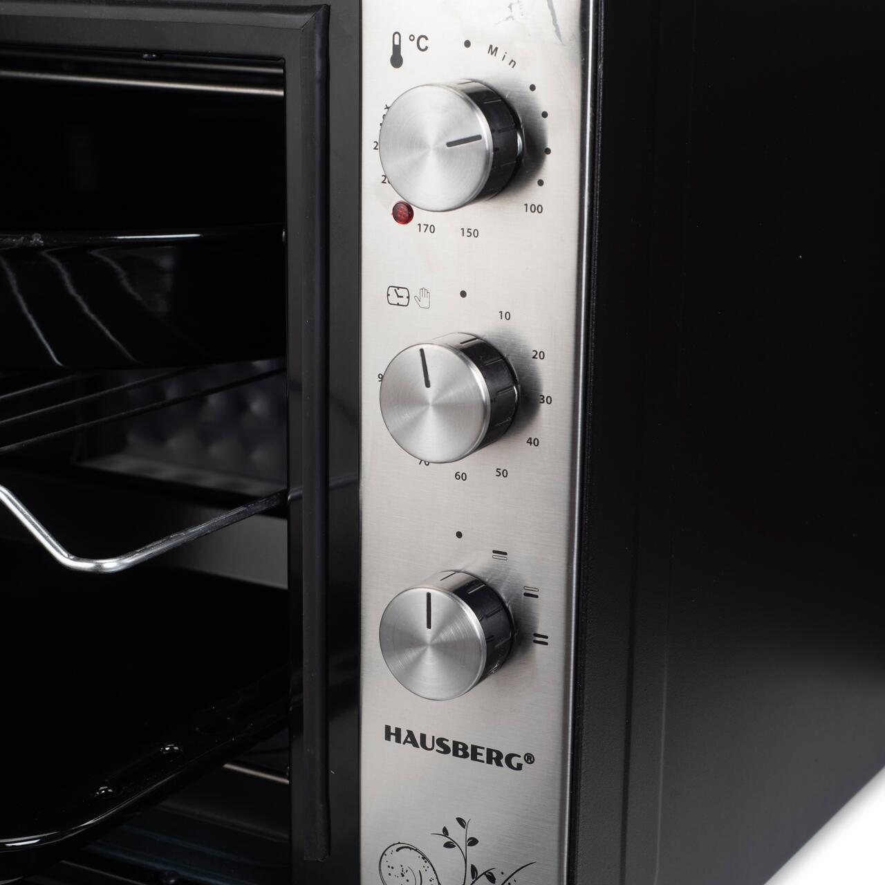 Cuptor Electric HAUSBERG HB-8022, 2500W, Capacitate 70L, Termostat reglabil, Temporizator mecanic cu alarma sonora si oprire automata, Negru/Inox