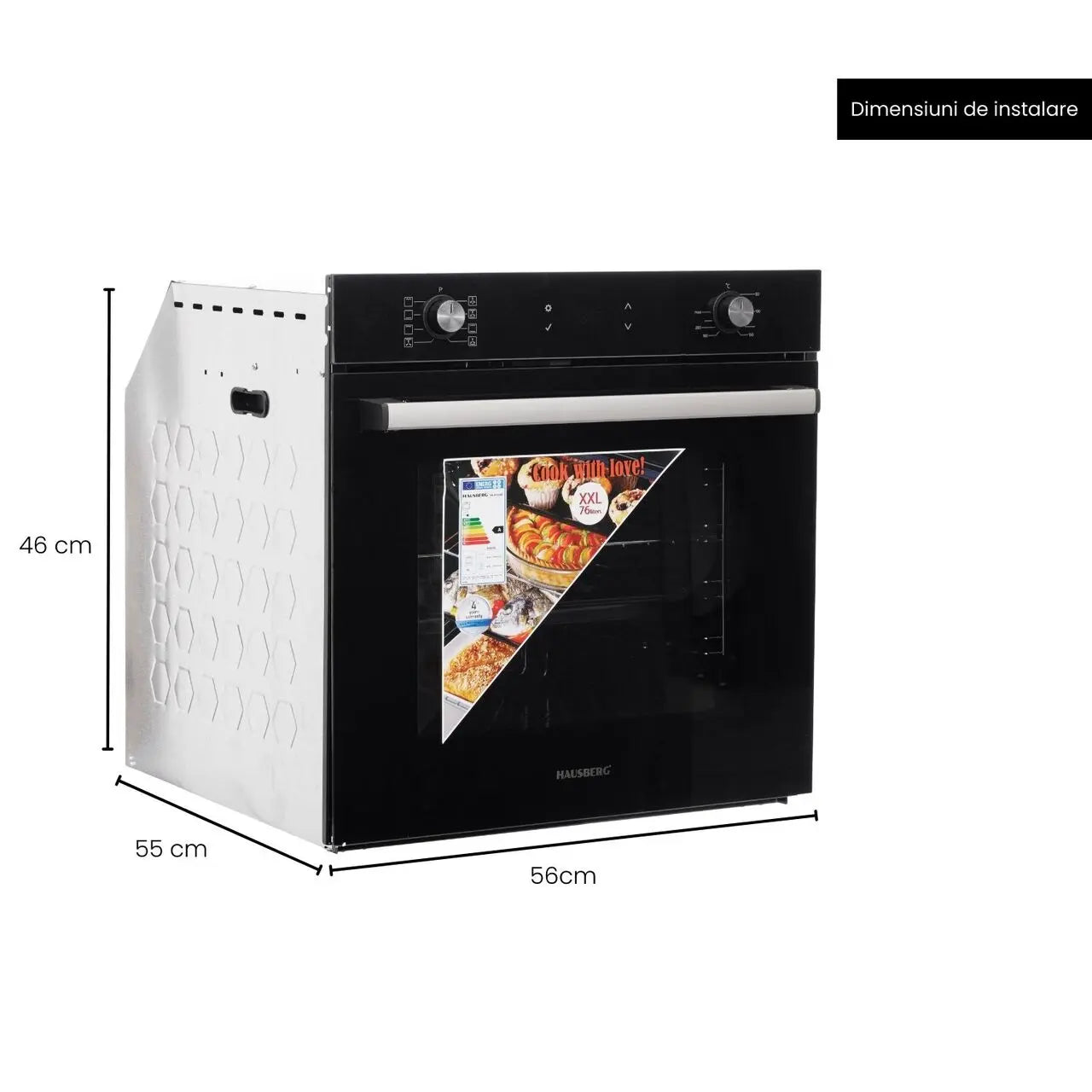 Cuptor electric incorporabil Hausberg HB-8054NG, Clasa A, volum 71L, putere 2225W, panou sticla termoizolant, termostat, timer, 8 functii, ventilatie