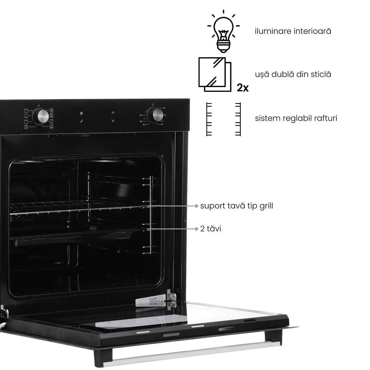 Cuptor electric incorporabil Hausberg HB-8054NG, Clasa A, volum 71L, putere 2225W, panou sticla termoizolant, termostat, timer, 8 functii, ventilatie
