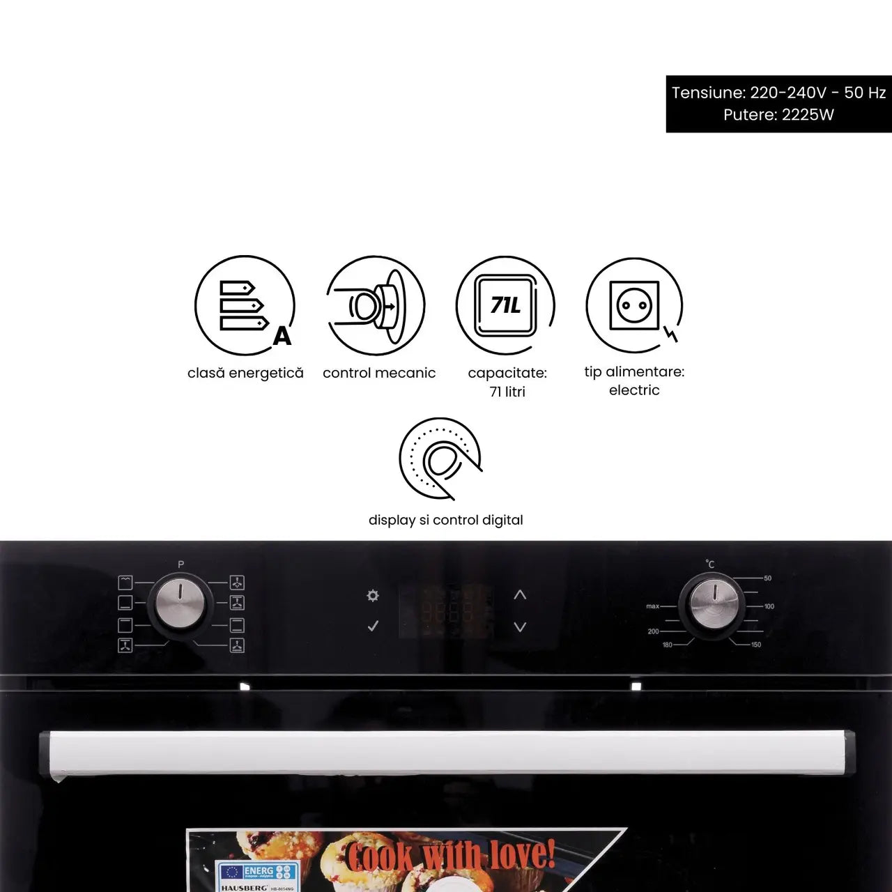 Cuptor electric incorporabil Hausberg HB-8054NG, Clasa A, volum 71L, putere 2225W, panou sticla termoizolant, termostat, timer, 8 functii, ventilatie