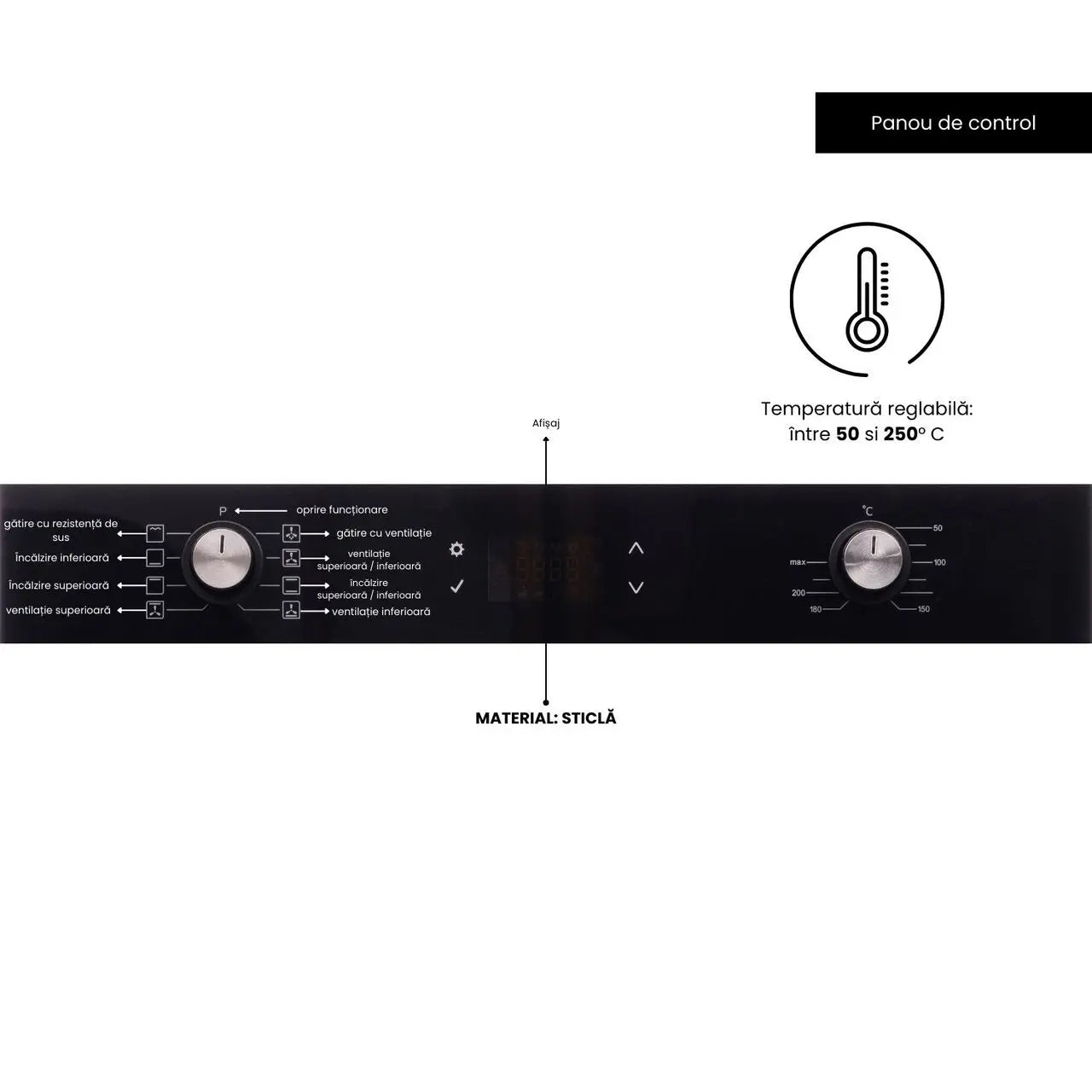 Cuptor electric incorporabil Hausberg HB-8054NG, Clasa A, volum 71L, putere 2225W, panou sticla termoizolant, termostat, timer, 8 functii, ventilatie