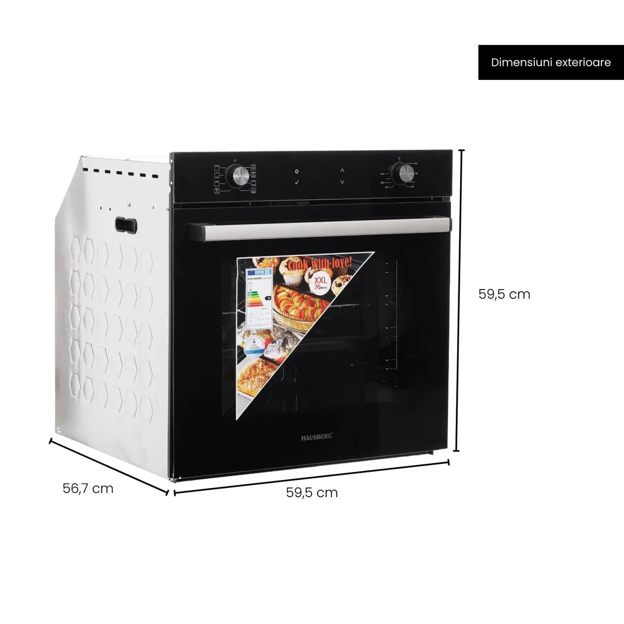 Cuptor electric incorporabil Hausberg HB-8054NG, Clasa A, volum 71L, putere 2225W, panou sticla termoizolant, termostat, timer, 8 functii, ventilatie