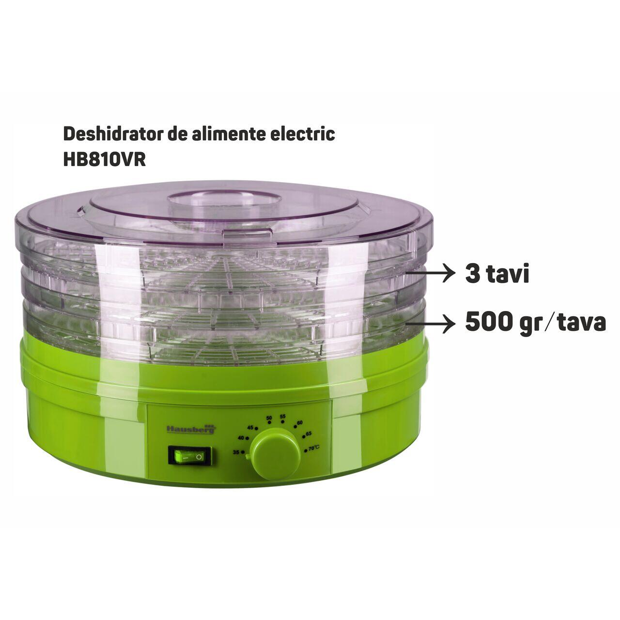 Hausberg HB810VR elektromos ételszárító, állítható termosztát, 250 W teljesítmény, rézmotor, zöld