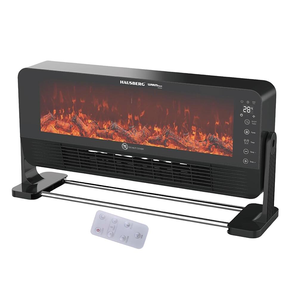 Semineu electric cu Ventilator HAUSBERG HB-8216NG, Telecomanda, 2000W, 2 setari incalzire, incalzire ceramic PTC cu efect de flacara, Termostat 15-35 grade C, protective IP24
