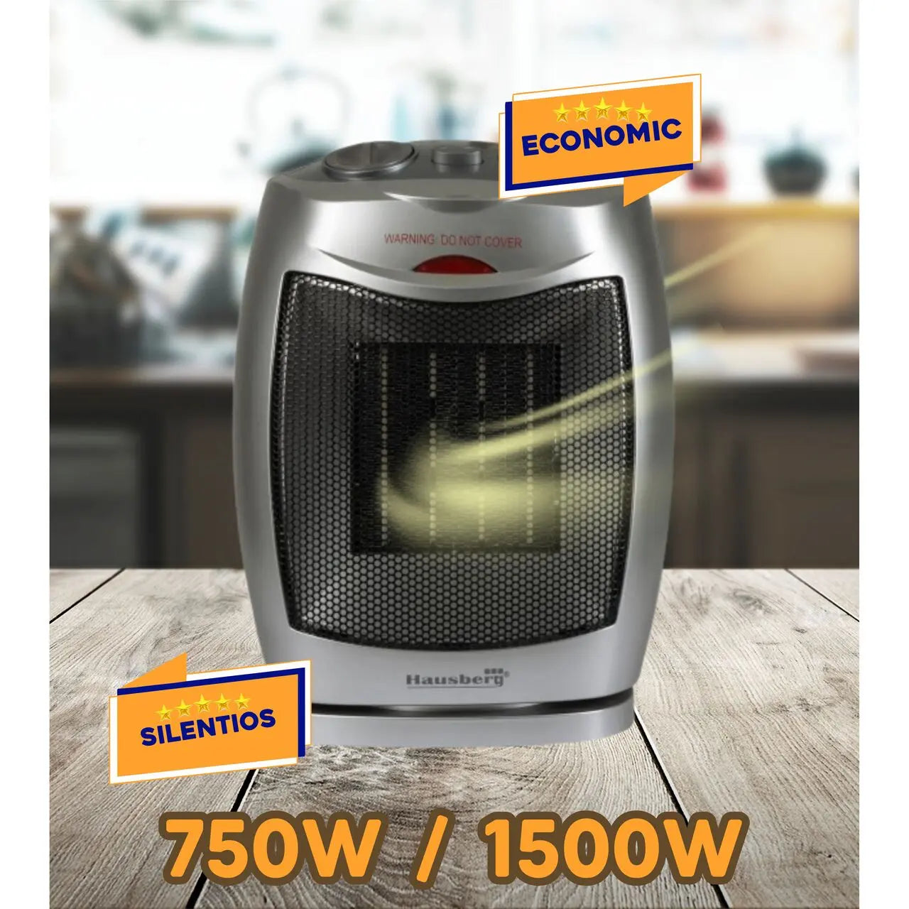 Aeroterma ceramica HAUSBERG HB-8300, 1500W, Termostat Reglabil, 2 Viteze, Functie Ventilator, Siguranta Anti Cadere, Silentios, Maner transport
