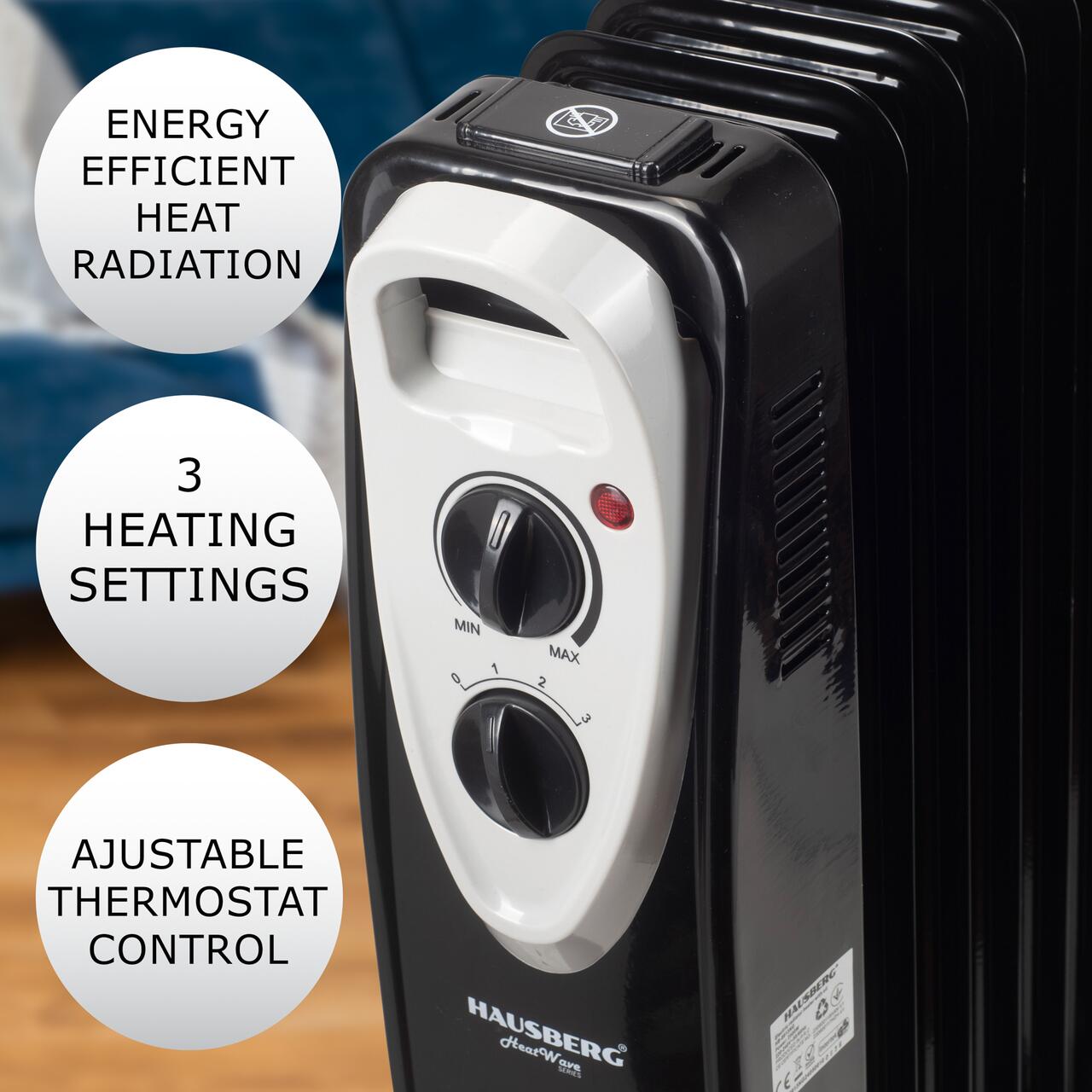 Calorifer electric HAUSBERG HB-8913NG, 2500 W, 13 elementi, 3 trepte de putere, Termostat reglabil, Protectie supra-incalzire, Protectie anti-rasturnare, Indicator luminos
