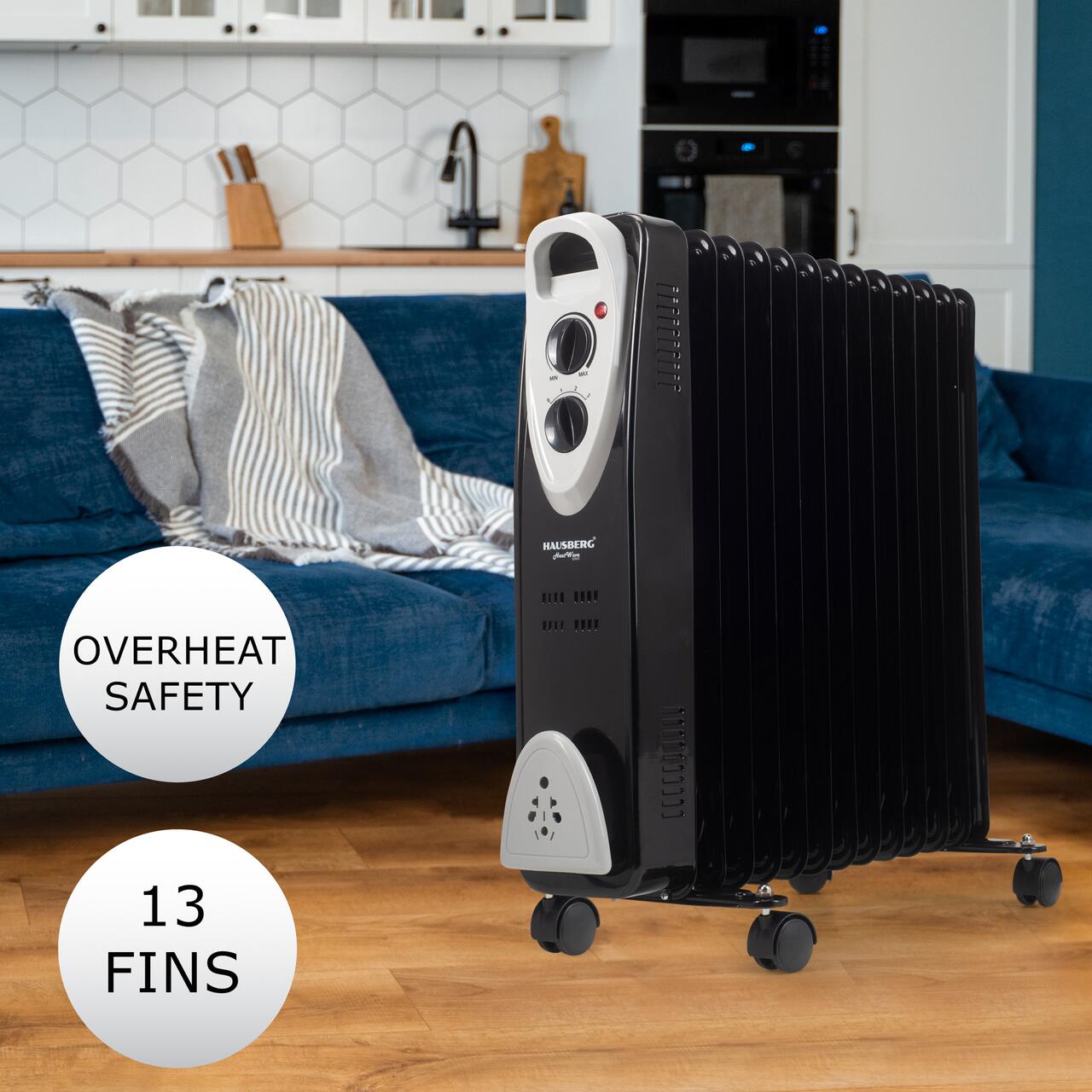 Calorifer electric HAUSBERG HB-8913NG, 2500 W, 13 elementi, 3 trepte de putere, Termostat reglabil, Protectie supra-incalzire, Protectie anti-rasturnare, Indicator luminos