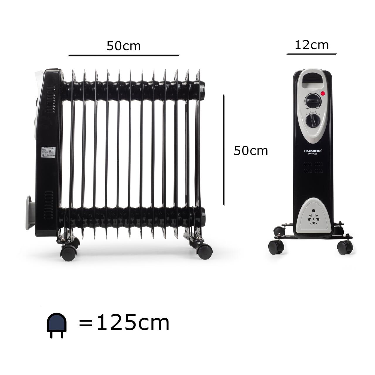Calorifer electric HAUSBERG HB-8913NG, 2500 W, 13 elementi, 3 trepte de putere, Termostat reglabil, Protectie supra-incalzire, Protectie anti-rasturnare, Indicator luminos