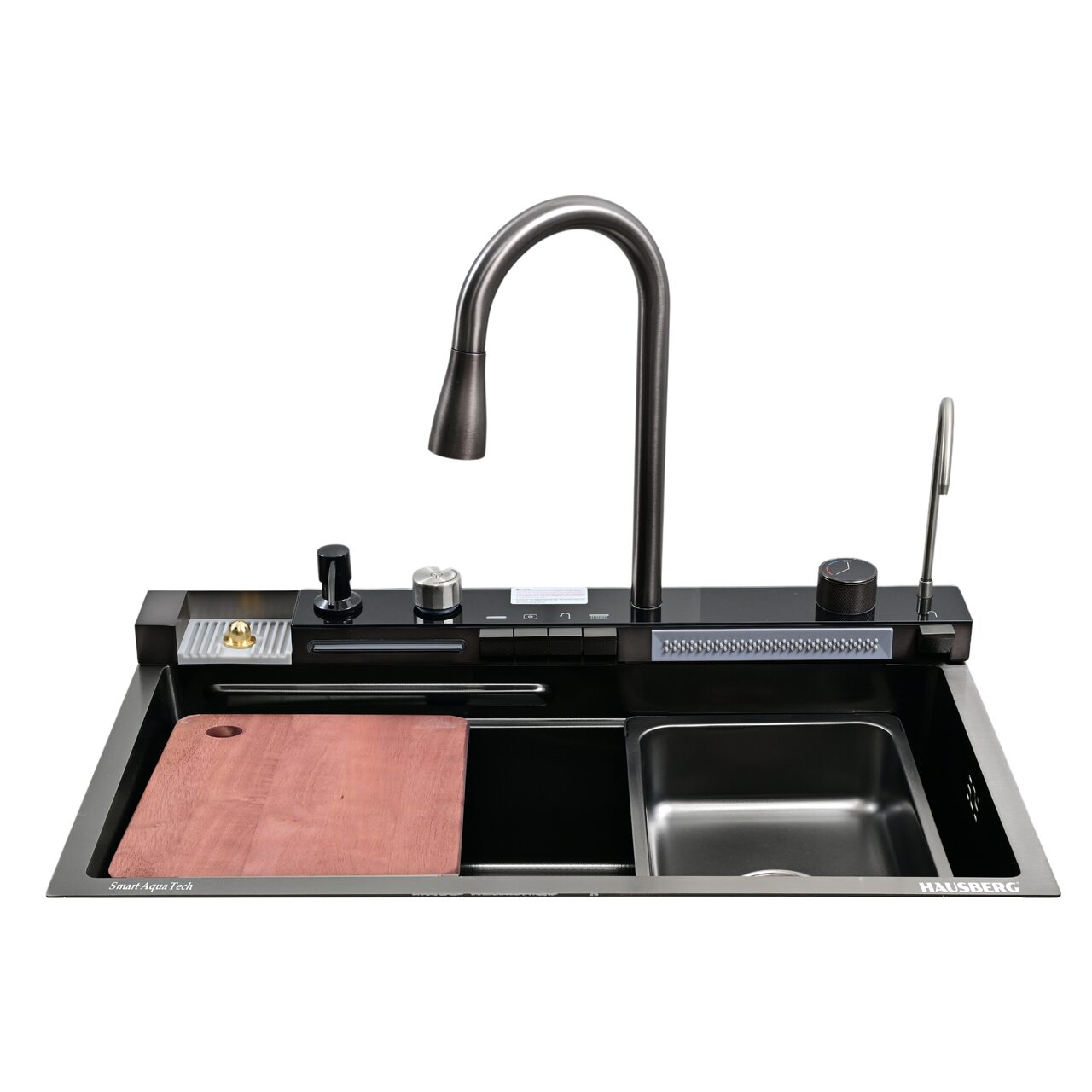 Set chiuveta multifunctionala HAUSBERG HBC-9955 din otel inoxidabil, baterie dubla, cuva perforata fructe/legume, cuva universala cu dop scurgere, tocator, 750x460x220 mm, accesorii incluse, Auriu/Negru