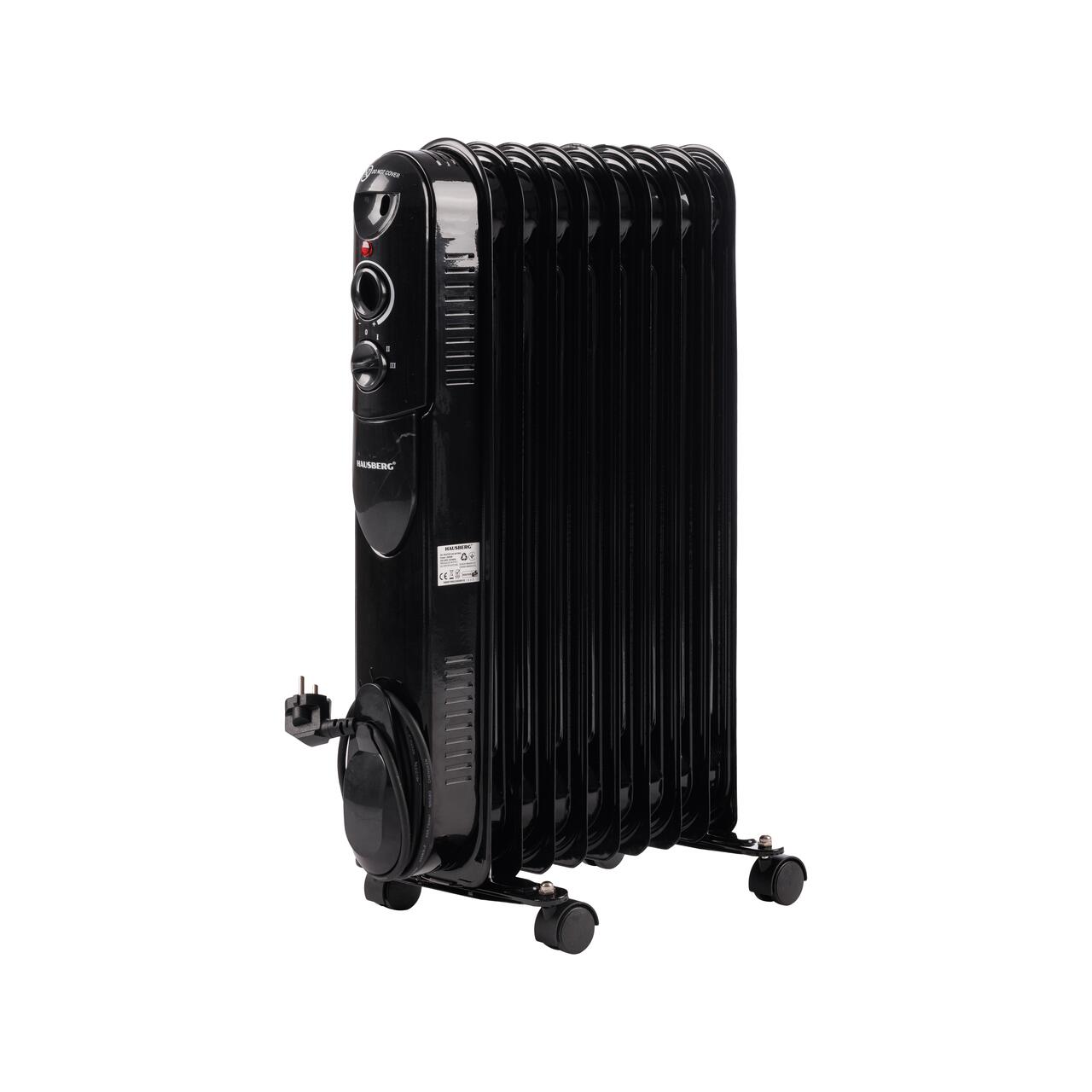 Calorifer electric cu ulei HAUSBERG HB-8915, 3 trepte, 800-1200-2000 W, 9 elementi 110 mm x 580 mm, termostat reglabil, maner si rotite pentru o deplasare facila, indicator luminos functionare