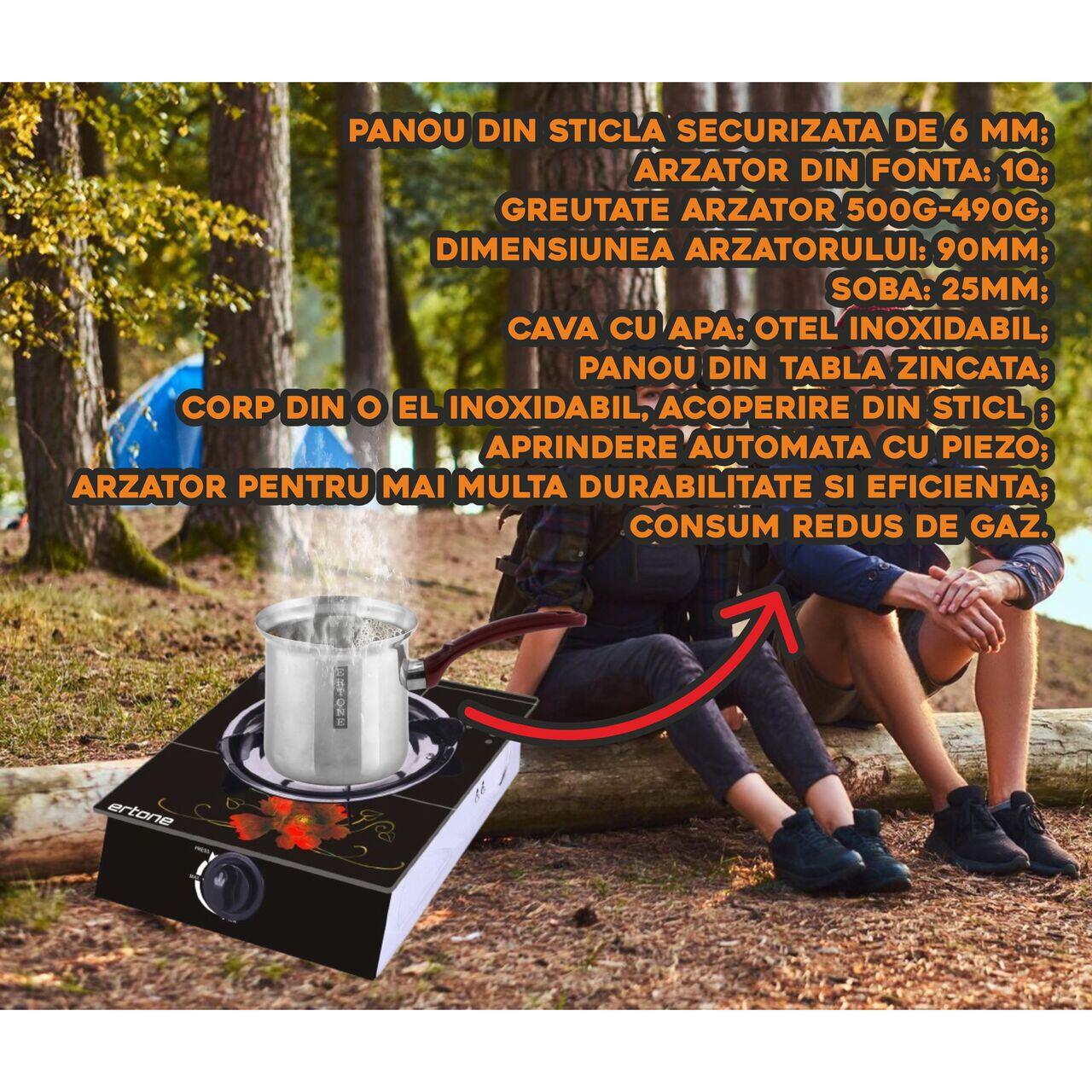 Aragaz ERTONE MN-1101 din sticla securizata, 1 ochi din fonta, aprindere pe quartz