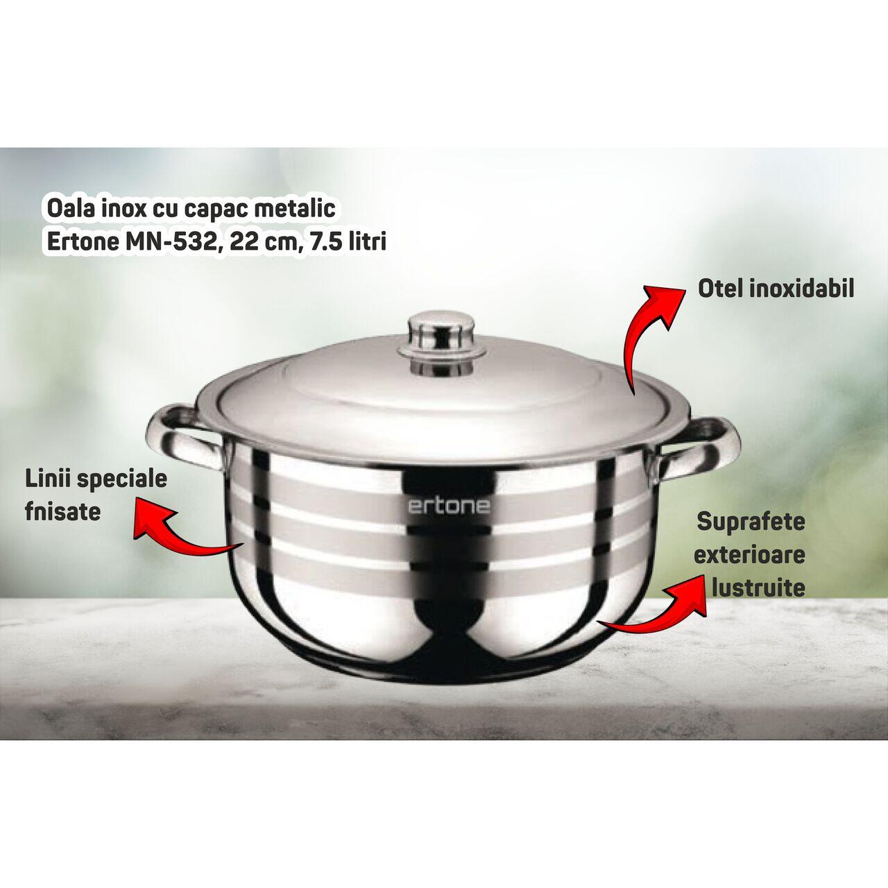 Oala inox cu capac metalic ERTONE MN-538, 28 cm, 11L