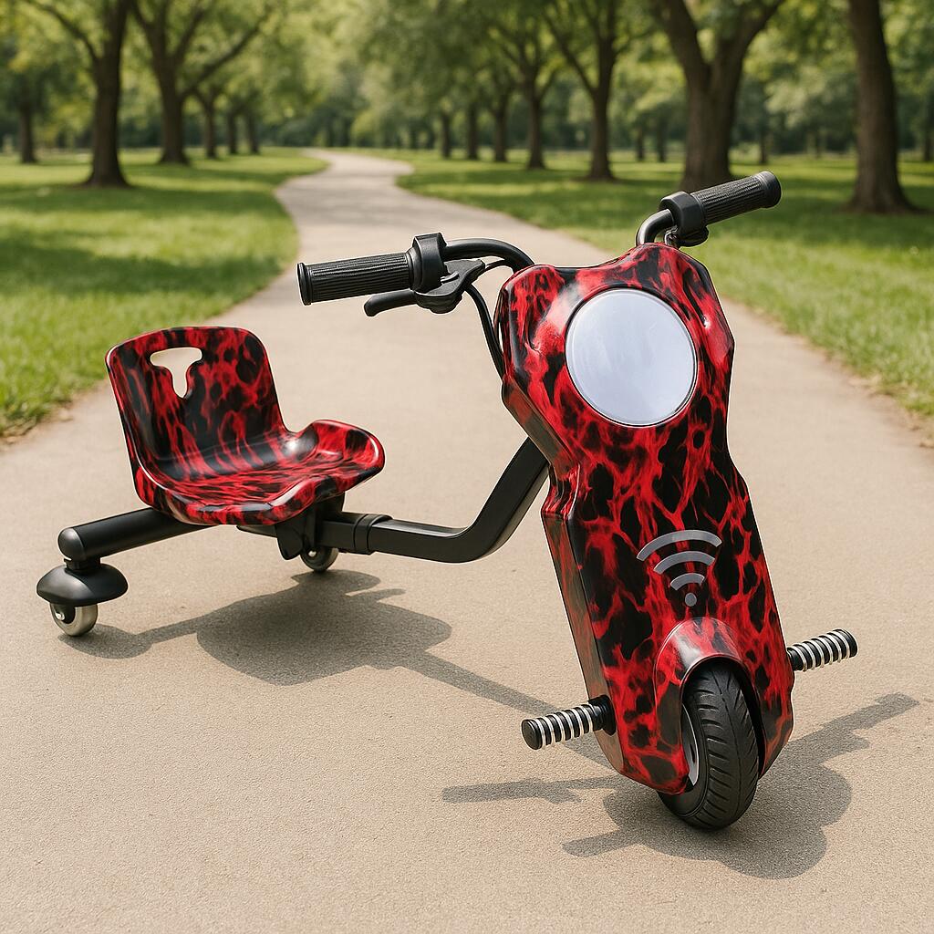 Tricicleta electrica drift pentru copii HAUSBERG HB-KD04RS,*Putere: motor 150-200W Bluetooth, 3 niveluri viteza, suspensie spate, autonomie 8-12 km, tip de incarcare 3h, accesorii