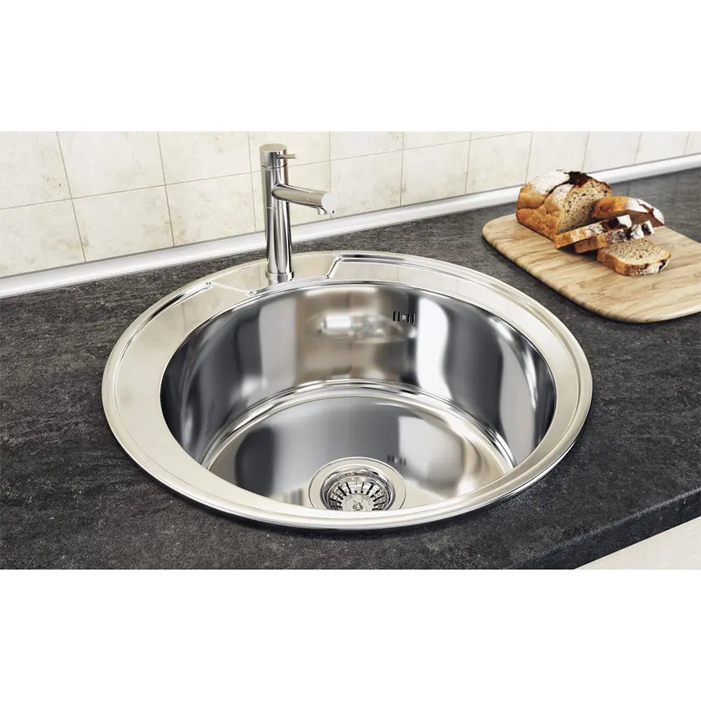 Chiuveta bucatarie Freddo SN9000, pentru blat, anticalcar, finisaj anticalcar, cu preaplin, diametru 49cm, rotunda, inox