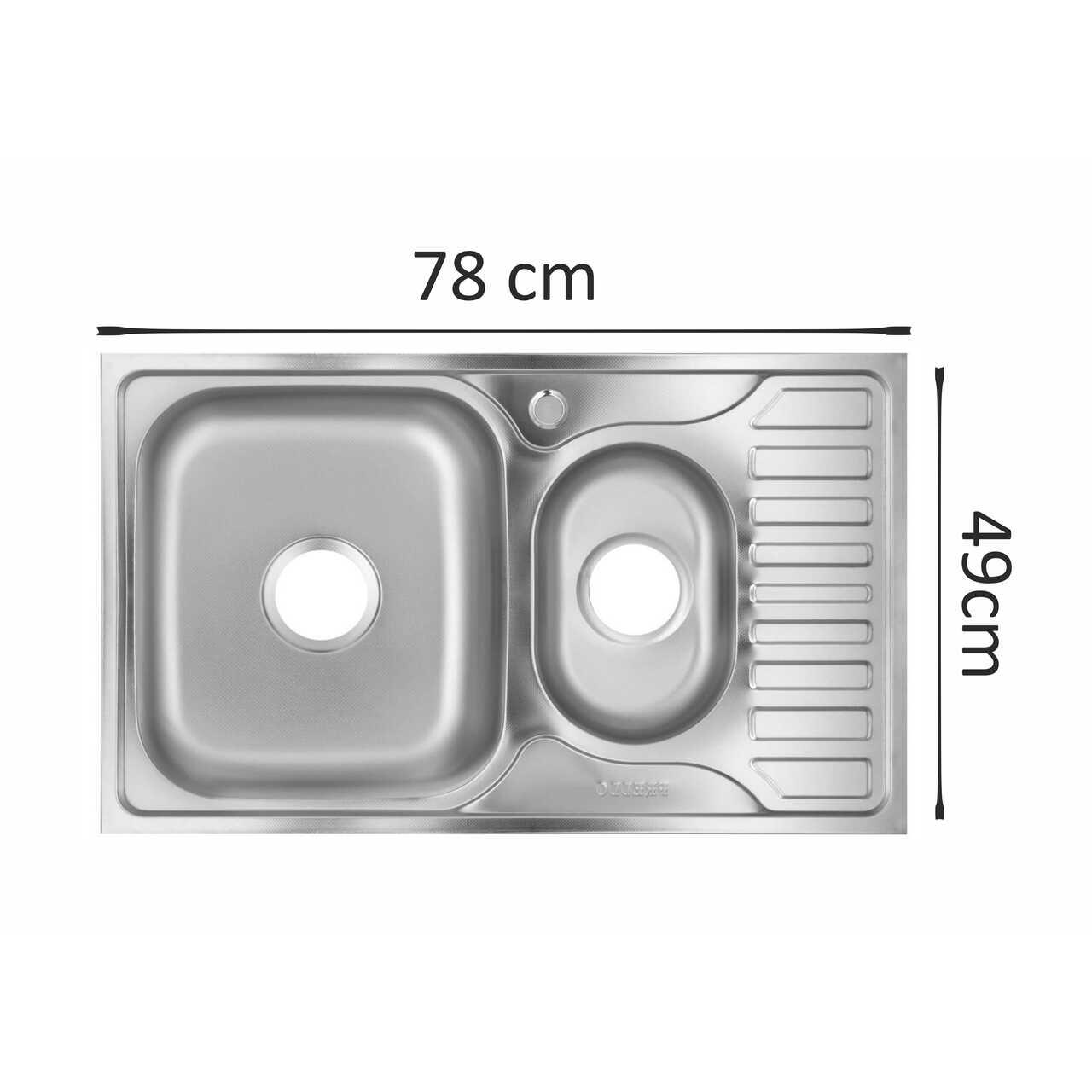 Chiuveta bucatarie Freddo SN9023S, 2 cuve, anticalcar, pentru blat 78x49 cm, cuva stanga, Inox