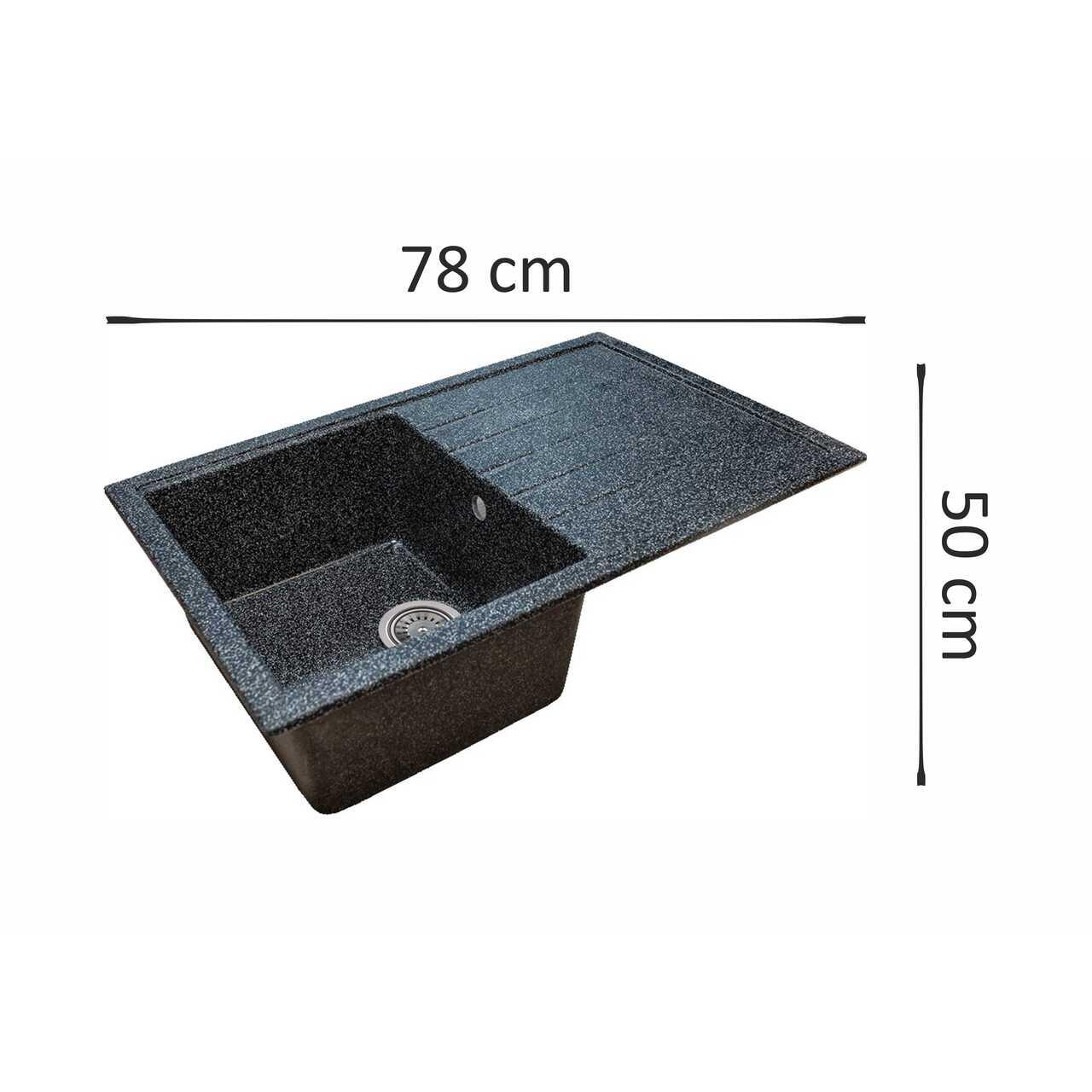 Chiuveta bucatarie Sanitec Elmy SN9035ST-NG, granit-compozit, negru, 1 cuva stanga, 78 x 50 cm