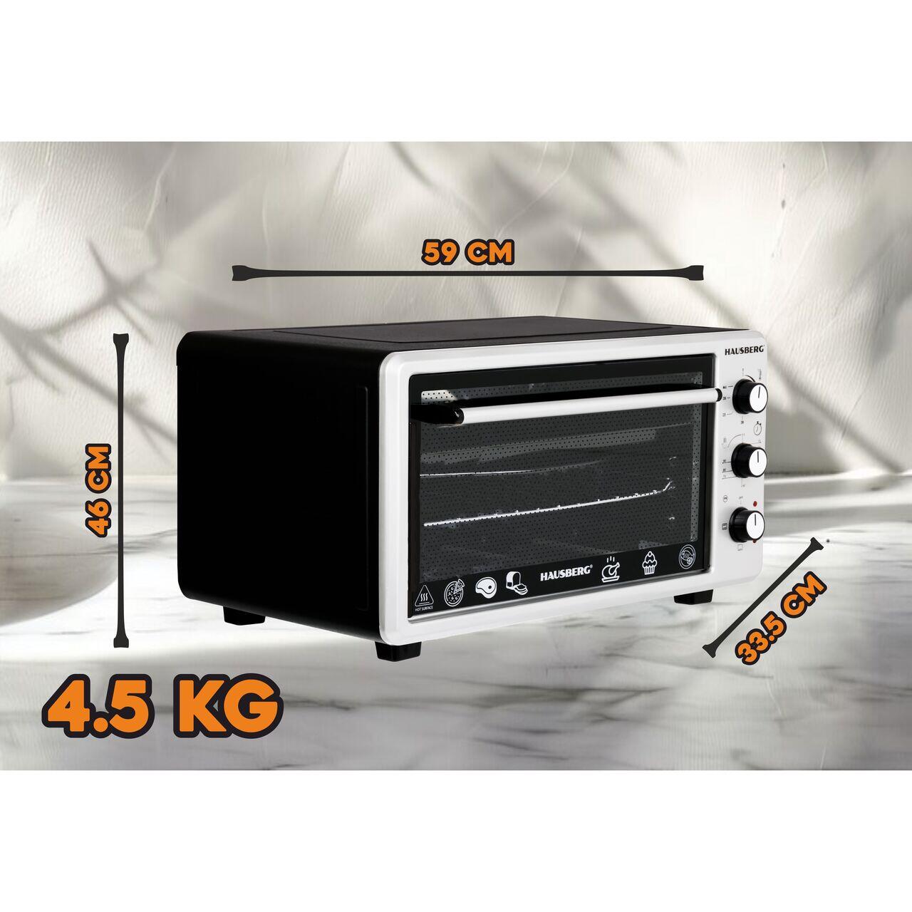 Hausberg HB-8000P elektromos sütő, 48 literes kapacitás, 1800W teljesítmény, maximum 230 fokos hőmérséklet, hangjelzéssel ellátott időzítő