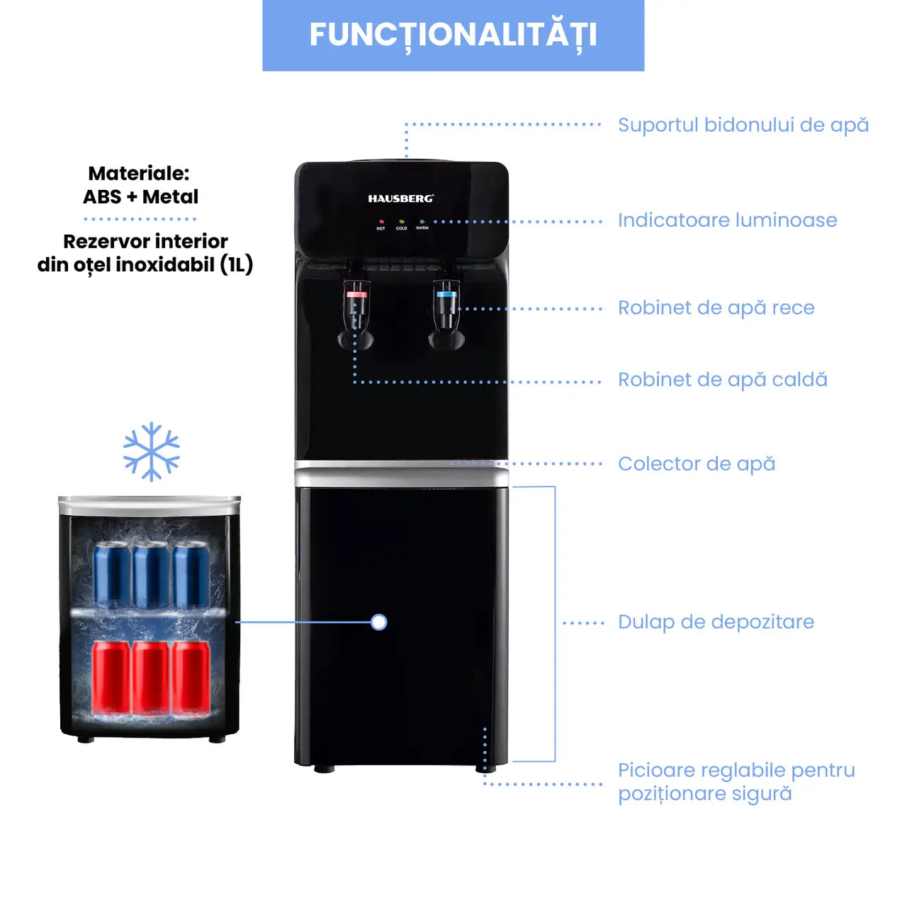 Dozator apa de podea HAUSBERG HB-6023NG, putere incalzire 550 W, putere racire 85 W, rezervor apa inox, indicator luminos, termostat reglabil