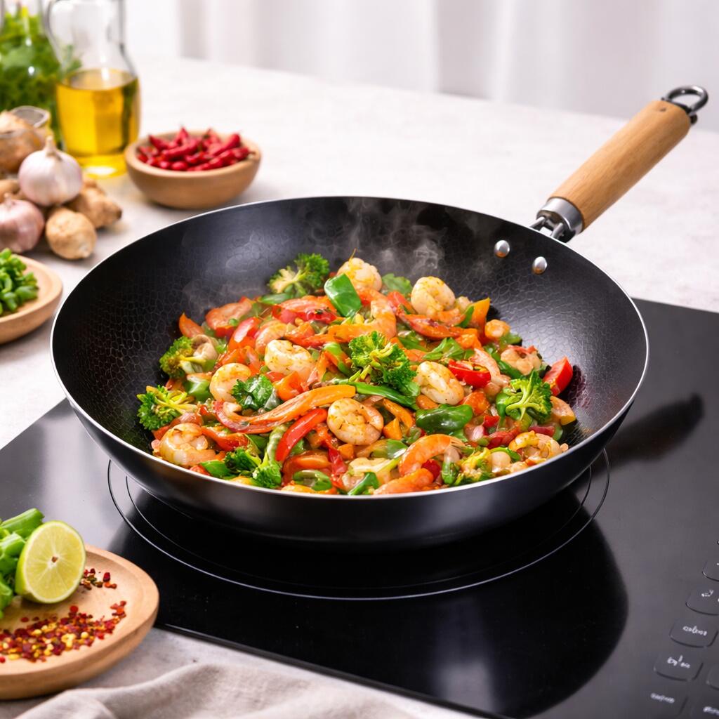 Tigaie WOK 28cm Hausberg HB-H LUX 850 din fonta cu maner lemn